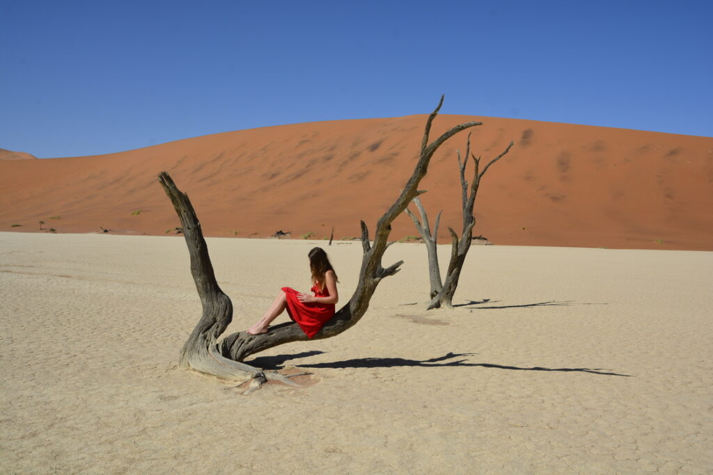 side-view-woman-sitting-bare-tree-trunk-sand-against-sky